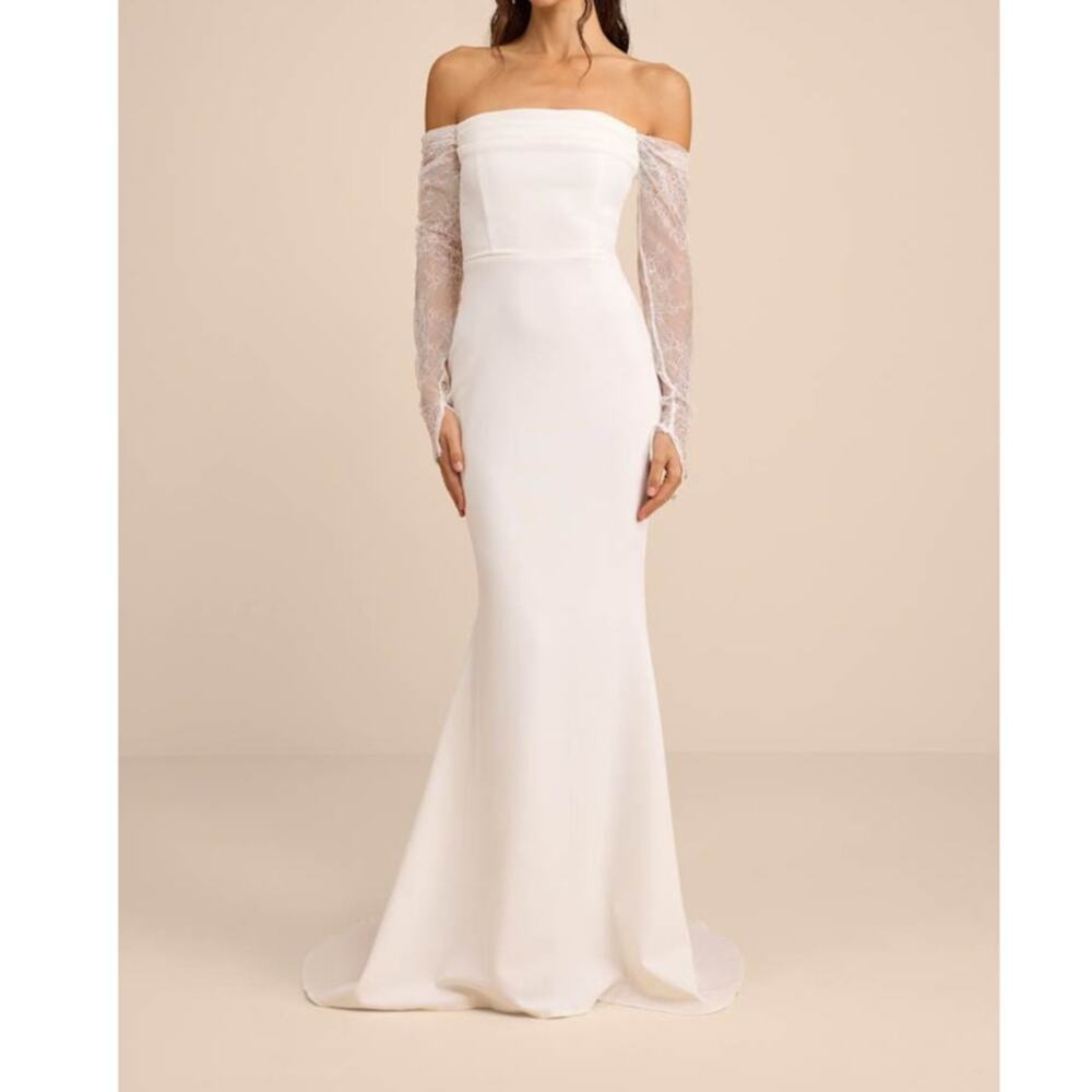 Lulus Lux Bridal NWOT Anabella White Off-the-Shoulder Mermaid Maxi Wedding Dress